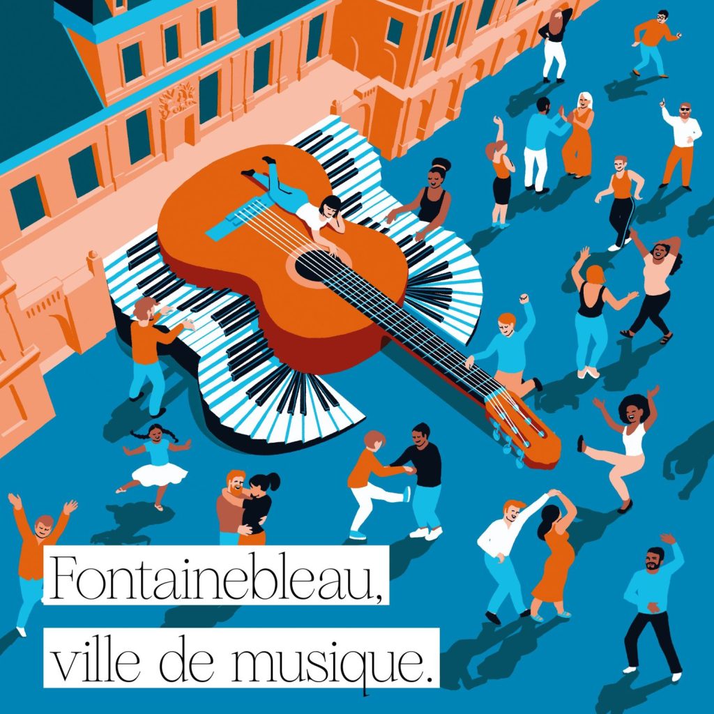 illustration, ville de fontainebleau, illustration fête, illustration festival, affiche festive, fête de la musique, illustratrice